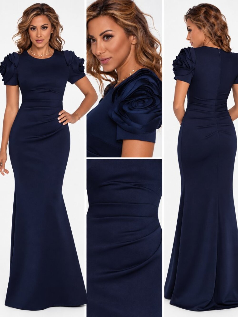 XSCAPE Midnight Navy Rosette Sleeve Ruched Mermaid Formal Maxi Gown 8 NWT